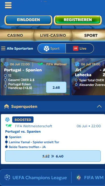 Mobile Ansicht von Pandido Casino im Browser mit Sportwetten-Tab