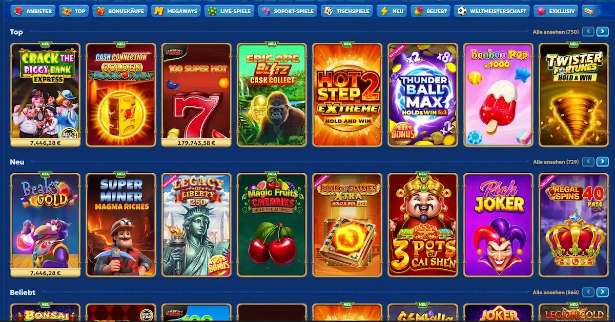 Spielekatalog von Pandido Casino mit Kategorien wie Top, Neu und Beliebt
