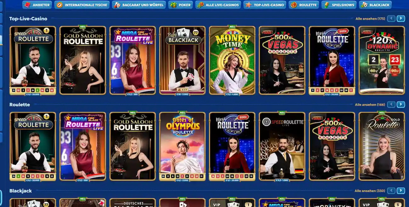 Live-Casino-Übersicht mit Roulette- und Blackjack-Tischen bei Pandido Casino