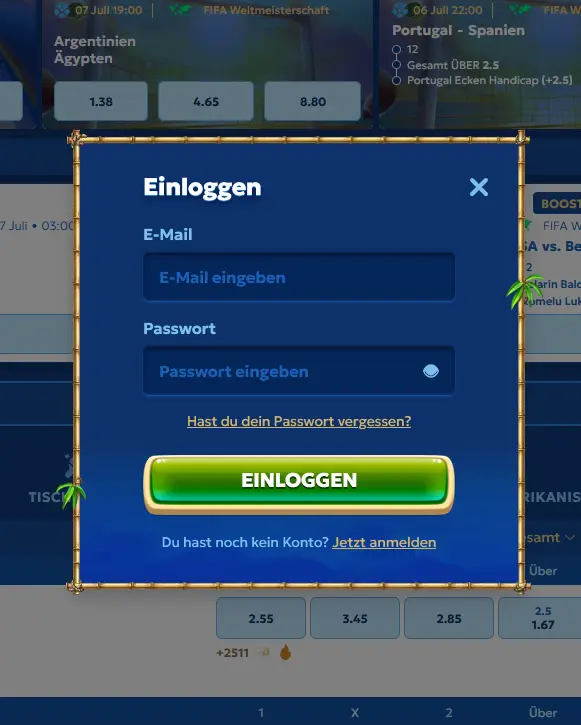 Login-Fenster mit E-Mail und Passwort bei Pandido Casino
