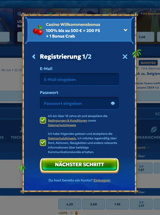 Registrierungsformular mit Willkommensbonus-Hinweis bei Pandido Casino