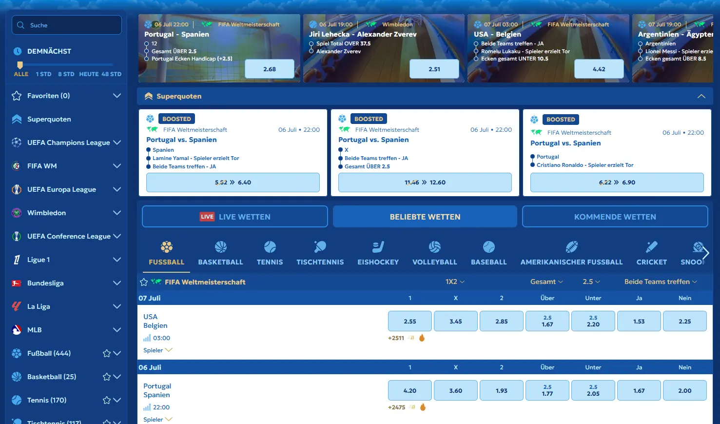 Sportwetten-Übersicht mit Fußball- und Tennis-Quoten bei Pandido Casino